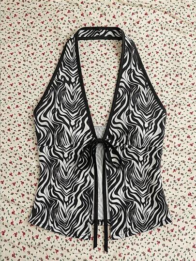Women's Punk Gothic Zebra Print Spaghetti Strap Camisole Top, Front Tie Sleeveless Cropped Shirt, Street Chic Style For Summer Party And Casual Wear