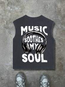 Áo tank top không tay cổ tròn in chữ và tai nghe phong cách âm nhạc dành cho bé trai tuổi teen, thoải mái cho mùa hè. - Màu xám đen - Xem 2
