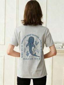 Plus Size Women's T-Shirt - Women's Fashionable Summer Crew Neck Short Sleeve-Shirt, Soft And Comfortable, Casual And Versatile. Featuring Ocean Life Whale Shark, Coral, Seaweed, Christian When You Pass Through Waters, I Will Be With You English Letter Print Pattern, Exuding Youthful Vitality. Suitable Back To School Season, Casual, Running,, Party, And Other Occasions. Loose, Streetwear Style, Also Suitable Outdoor Wear, An Choice Summer Outfits. Casual Daily Wear-Shirt,Retro-Shirt,Clothing Autumn And Winter,Male And Female Neutral Short Sleeves,Clothes Plus Size,Sweatshirt,Clothes Women,Tops,New Year's Clothing,Womens Tops,Spring,Summer Tops Women,Spring Clothes,Vacation Outfits Women,Valentines Gifts,Summer - Grey - View 4