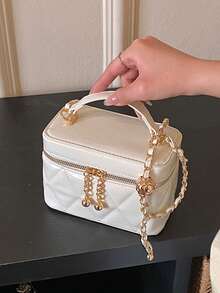 Women Quilted Diamond Pattern Box Bag Top Handle Handbag Elegant Shoulder Bag - Beige - View 2
