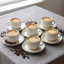 Juego de 6 piezas/1 set de taza de café y platillo de cerámica de 90ml/3oz, taza de estilo latte de porcelana blanca a rayas europeas, juego de taza de té vintage, apto para uso diario en el hogar, cocina, cafetería, bar, máquina de café o restaurante, café expreso - Multicolor - Ver 1