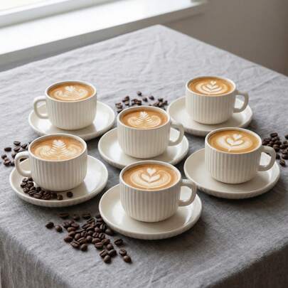 6 Piece Ceramic Coffee Cup And Saucer Set, European Style Ribbed White Porcelain Latte Espresso Cups, Dishwasher Vintage Tea Cup Gift Set For Home Kitchen Cafe Barista Restaurant Daily Use
