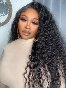 34Inch Curly 13x4 HD Transparent Lace Wigs Human Hair  Deep Wave Put On And Go Glueless Wigs Pre Plucked Pre Cut  Lace Wig For Women 200% Curly Wave Nautural Black - Natural Black - 查看 2