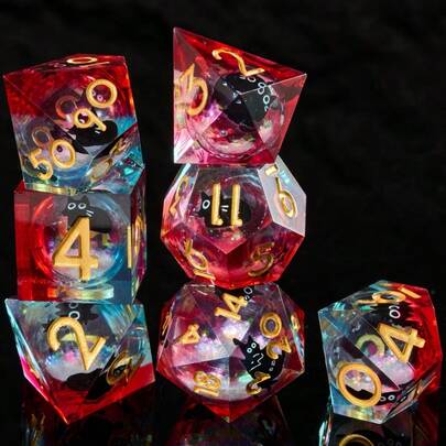 7颗可爱猫咪闪粉骰子套装，树脂多面RPG骰子，棱角分明，手工制作角色扮演游戏配件，适合圣诞节、生日、节日、派对、情人节、送礼、春季等场合。