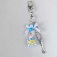 1件女士INS风手工叉，蓝色蛋糕，蝴蝶结串珠吊坠，手机挂绳，钥匙扣 - 彩色 - 查看 2