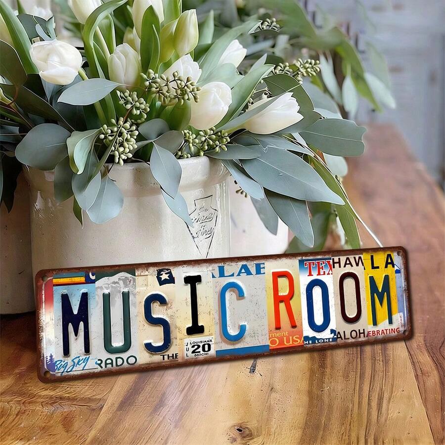 1/2pcsVintage License Plate Style MUSIC ROOM Metal Sign, Retro Wall Art Decor For Music Studio, Unique Music Lover Gift For Home - Multicolor-iron Painting - View 1