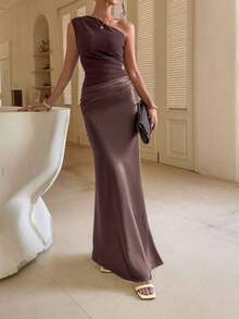 Women's Elegant Solid Color Pleated Backless Satin Patchwork Maxi Dress, Suitable For Outings, Parties, Cocktail Events, Wedding Guests, And Vacations - 摩卡棕 - 查看 6