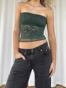 Parte superior de tubo ceñida de encaje floral transparente sin hombros y sin espalda para mujer, suave para la calle y fiestas - Verde militar - Ver 1