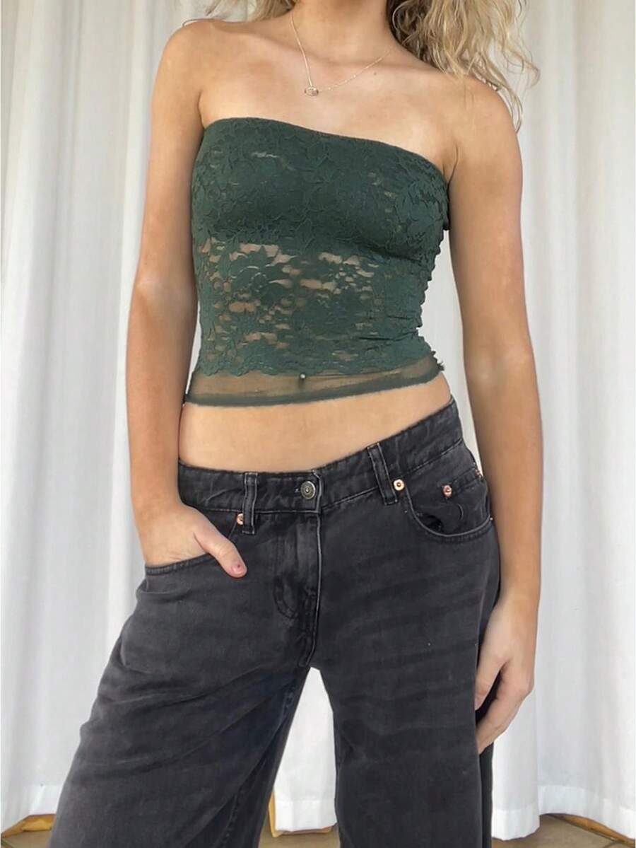 Parte superior de tubo ceñida de encaje floral transparente sin hombros y sin espalda para mujer, suave para la calle y fiestas - Verde militar - Ver 1