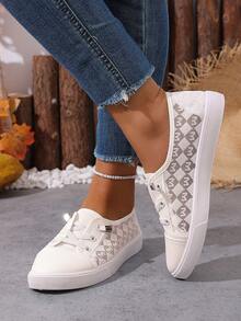 Zapatos de skate de moda para mujer, zapatillas deportivas de suela gruesa con cordones de color blanco y estampado de leopardo, versátiles y casuales para uso deportivo al aire libre - Blanco - Ver 6