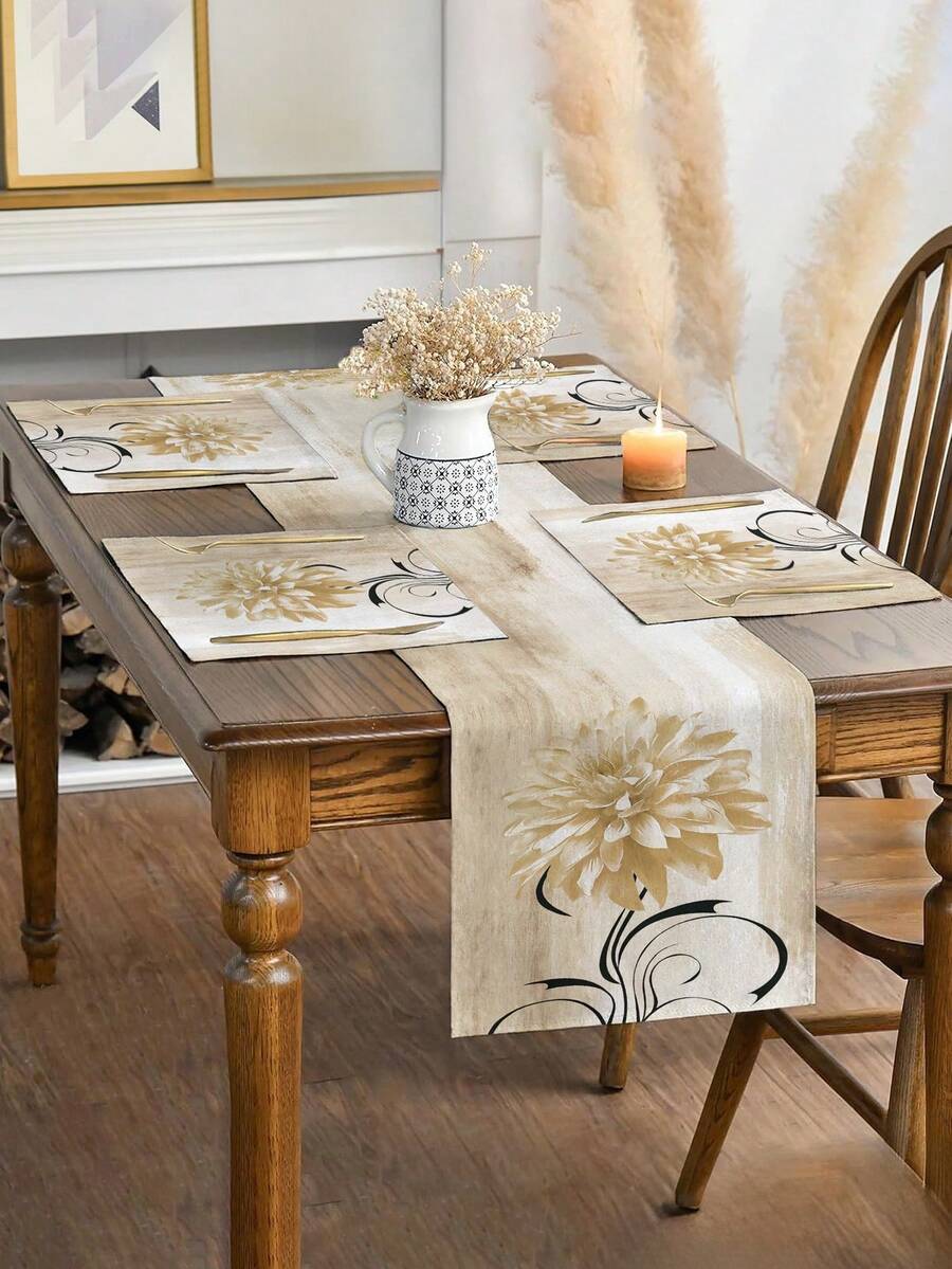 1/4/5/6/7pcs Vintage Style Floral Design Decoration Set, Living Room/Bedroom/Dining Room Decor, Linen-Like Material, Multi-Size Options, Dining Table Decor, Fireplace Mantel Scarf, Placemats, Coasters, Home Decor - Mocha Brown - View 1