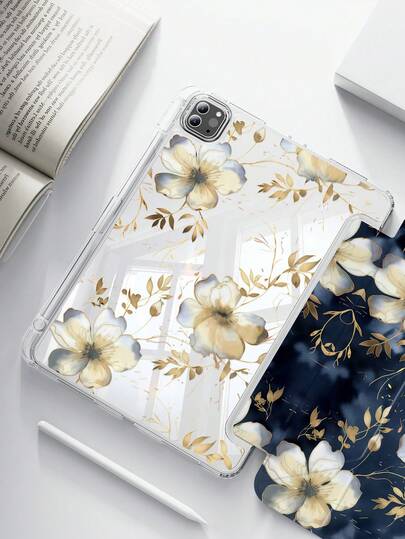 一款可爱的卡通花卉图案双面亚克力透明水晶后盖，具有防震功能，适用于 iPad 第 7、8、10 代（10.2 英寸），内置笔槽，支持睡眠/唤醒功能，是理想的礼物之选。