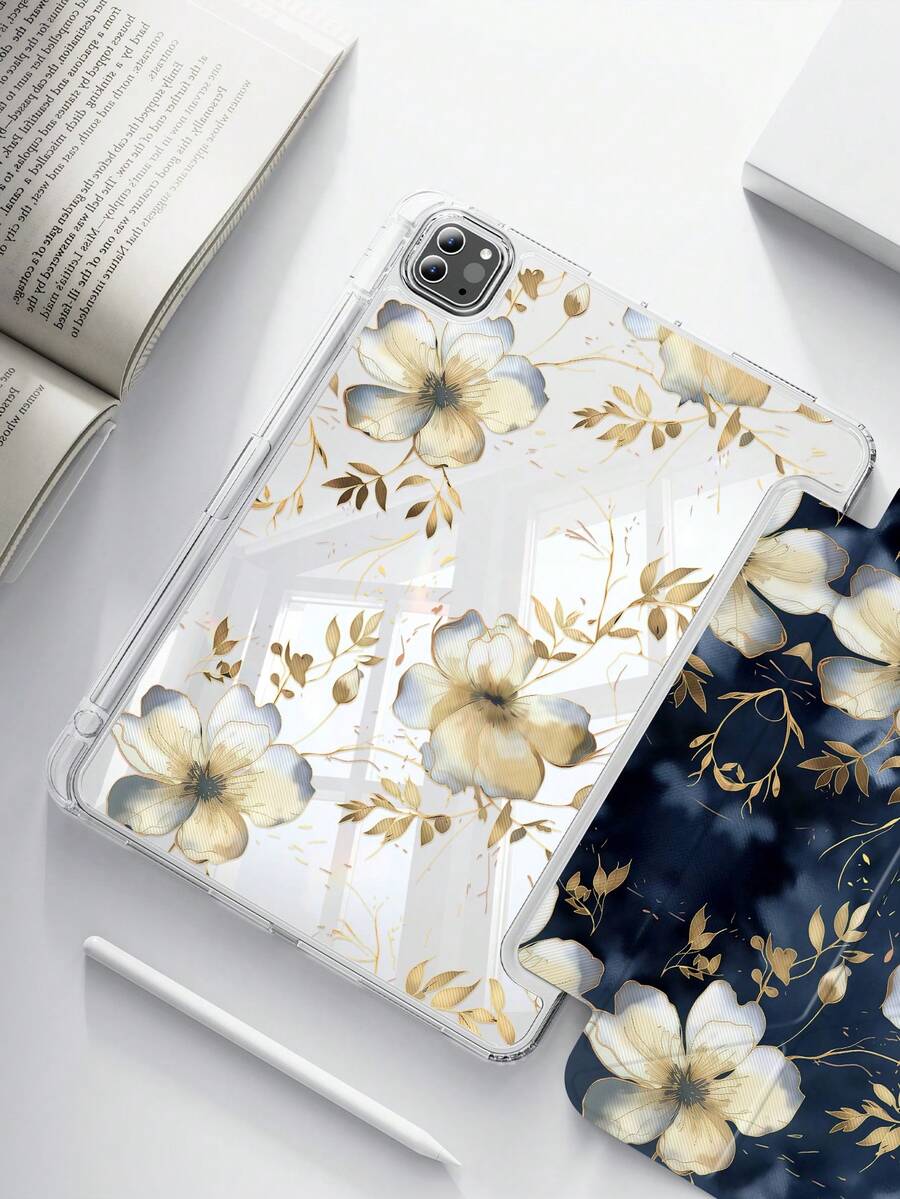 Flower A Cute Cartoon Floral Pattern Double-Sided Acrylic Transparent Crystal Back Cover, Shock-Absorbing, Suitable For IPad 7th, 8th, 10th Generation (10.2 Inch), Built-In Pencil Slot, Support Sleep/Wake Function, Ideal Gift Choice - Multicolor - View 1