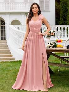 亮片花卉蕾丝深V领无袖荷叶边雪纺高开衩长款正式派对礼服、伴娘礼服，适合婚礼宾客、毕业典礼、晚宴及其他场合，粉色 - 粉色 - 查看 4