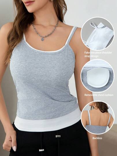 女士纯棉灰白撞色吊带背心内衣，运动健身假两件套美背无袖露背吊带衫，秋季性感修身细肩带下装