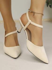 新款女士黑色绒面尖头交叉绑带露跟中跟凉鞋，优雅办公鞋 - 杏色 - 查看 2