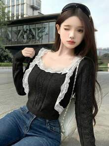 春夏新款性感蕾丝边针织开衫外套，纽扣开襟，女士镂空吊带两件套针织衫套装，适合情人节、外出、居家、通勤、约会等场合。 - 黑色 - 查看 4