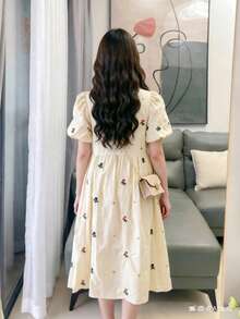 时尚孕妇圆领碎花泡泡袖连衣裙 夏季 - 杏色 - 查看 3