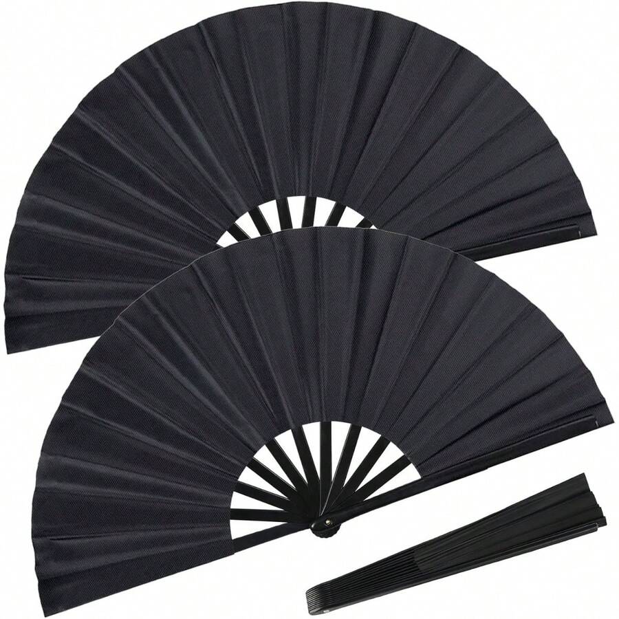 2 Packs Large 13" Folding Hand Rave Fan, Nylon Cloth Fabric Fan, Foldable Clack Hand Fan For Women And Men, Chinese Fan Kung Fu Tai Chi, Dancing, Halloween, Party And Home Decoration - 預設 - 查看 1