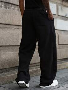 Spring And Autumn New Men's Long Pants - Solid Color, Glossy Surface, Casual And Sporty, Regular Size, Elastic Waist With Drawstring, Pockets, Suitable For Outdoor Camping, Vacation And Travel, Men's Straight-Leg Pants.Gifts For Boyfriend, Easter Gifts - 黑色 - 查看 2