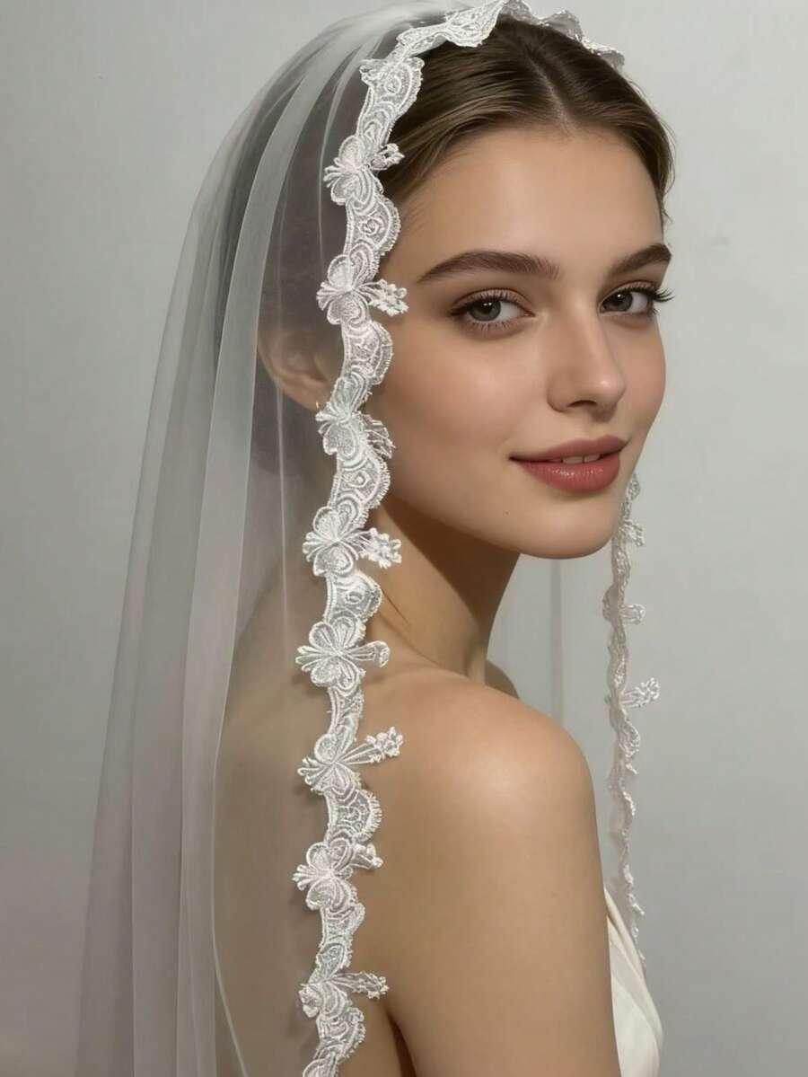1件手工蕾丝头纱，优雅新娘婚礼头饰，适合婚礼、派对、摄影、情人节礼物 - 彩色 - 查看 1