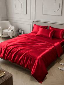 Bộ ga trải giường satin 2/3 món, bộ đồ giường ngủ mềm mại và thoải mái, ga trải giường màu trơn thân thiện với da, 1/2 vỏ gối và 1 ga trải giường, bộ ga trải giường satin lụa, phù hợp với mọi kích cỡ giường - đôi/đơn/nữ hoàng/vua, mềm mại và thoáng khí, đạt chứng nhận Oeko-Tex. - Đỏ - Xem 4