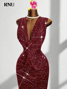 RNU Women's Sexy Glossy Burgundy Party/Date/Halloween/Christmas Dress, Nightclub Holiday Valentine's Day New Year Concert Outfit, Banquet Birthday Club Dress, Women's V-Neck Sleeveless Elegant Cute High Stretch Soft Comfortable Fitted Slit Dress - Burgundy - View 5