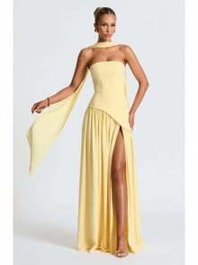 Prom Dress,Elegant Sexy Strapless Slit Flowy Evening Gown Dress For Party - Yellow - View 1