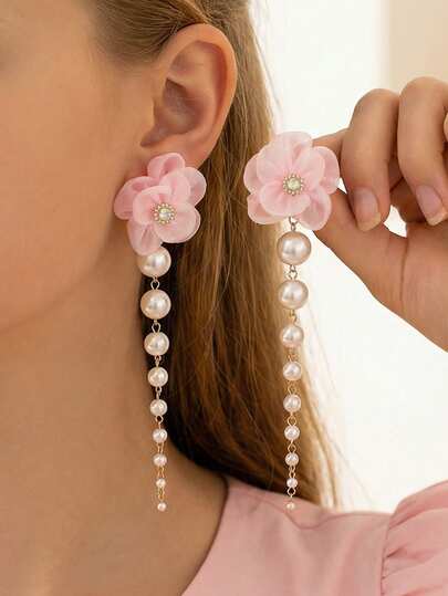 1 Pair Elegant Floral & Pearl Tassel Earrings, Suitable For Daily Wear, Dates, And Vacations
