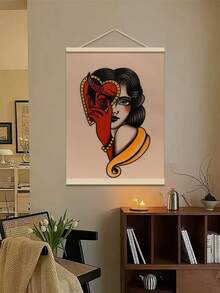 1 Piece Unframed Canvas Poster - Vintage Modern Decorative Art Style Traditional Tattoo Art, Adorned With Heart Motif, Red And Gold Accents - Durable Canvas Wall Decor, Suitable For Bedroom, Living Room, Office/Outdoor - Unique Decorative Gift, Canvas Wall Art - Multicolor - View 3