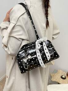 亮面波点波士顿包，配蕾丝蝴蝶结，多功能，休闲，甜美又酷炫，复古女孩单肩包 - 黑色 - 查看 3