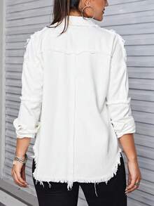 Women's Single-Breasted Frayed Hem Casual Versatile Daily Wear Long Sleeve Denim Jacket Spring - White - View 7