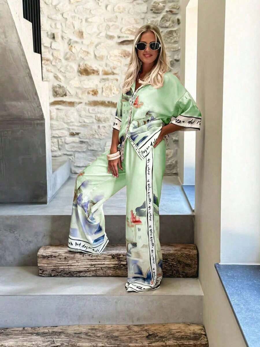 2pcs Set: City Print Shirt With Decorative Trim & Wide Leg Pants, Fashion Style - 綠色 - 查看 1