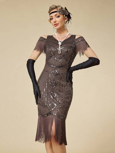 Women's Sequin Patchwork Fringe Off-Shoulder Short Sleeve 1920s Vintage Cocktail Party Dress