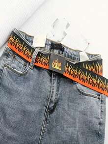 1件新款原宿街头嘻哈风男士帆布裤，配休闲火焰腰带 - 彩色 - 查看 4