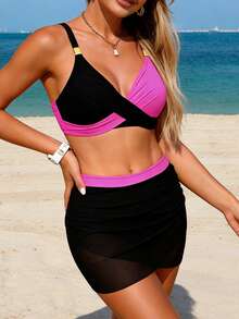 Women's 2 Piece Skirted Swimsuits Contrast Color Bikini Set Summer Two Piece Bathing Suits - Hot Pink - View 2