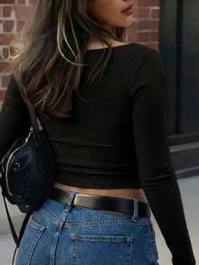 Ladies Solid Ribbed Knit Boat Neck Long Sleeve Top, Sexy Slim Fit Y2K Streetwear, Versatile Basic T-Shirt - Black - View 2