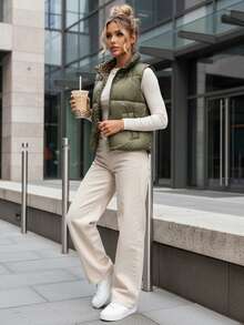 Women's Short Double-Sided Zippered Vest, Quilted Vest Without Hood, With Inner And Outer Pockets, Lightweight Vest, Adjustable Hem, Women's Warm Double-Sided Vest. - Green - View 4