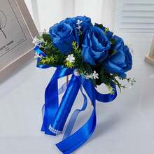 新娘婚礼捧花，逼真玫瑰花，优雅人造花束配珍珠手柄 - 白色1件 - 查看 9