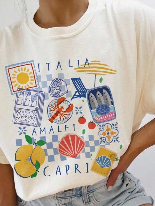 Camiseta T-Shirt Feminina Estampada Italia Capri Limão Tropical 100% Algodão Manga Curta Gola Redonda Elegante Para o Verão Modelo Estiloso Elegante