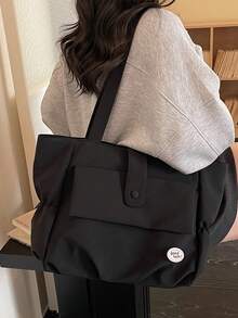 Large Capacity Solid Color Shoulder Bag With Badge, Suitable For Daily Commute And Travel - Black - View 4