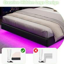 Floating Bed Frame With LED Light, Upholstered Platform Bed With PU Leather, Noise-Free, Easy Assembly, Full/ Queen/ King, Black/ White ( USB LED Strip) - 黑色 - 查看 3