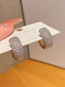 1 Pair Minimalist Luxury Gold & Silver Micro-Inlaid Zirconia Hoop Earrings, Lightweight Elegant Commuter Earrings For Women - Fashion Earrings - View 6