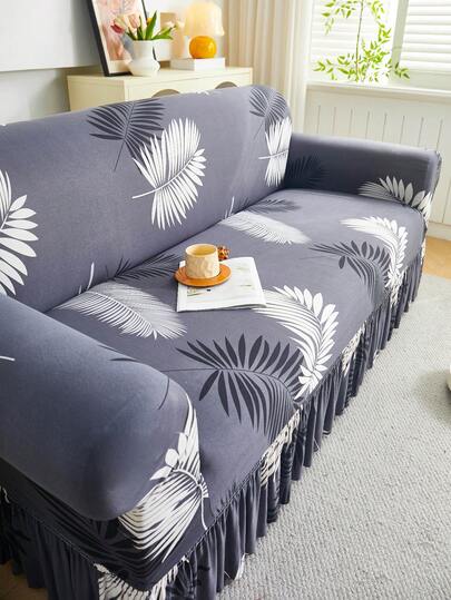 1pc Milk Silk Fabric Anti-Slip Elastic Decorative Sofa Skirt Cover, Printed Feather & Leaf Pattern, Rich Colors, Pet-Friendly Anti-Dust, Available In 1/2/3/4 Seater Sizes, Suitable For All Seasons
