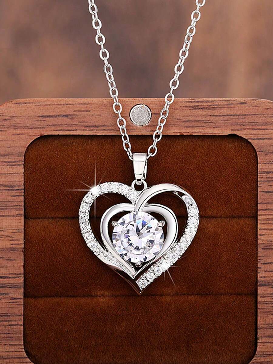 1pc Women's Romantic Cubic Zirconia Heart Pendant Necklace Valentine's Day Gift Wedding Jewelry