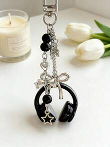1 pièce/2 pièces Porte-clés d'écouteurs 3D mignons avec bracelet d'écouteurs style élégant Y2K, pendentif perlé étoile et nœud, convient comme accessoire doux, charm de téléphone/sac, bijoux de couple thème musical, pendentif de tour de cou, décoration de sac à dos, excellent cadeau pour amis/petite amie/famille - Multicolore - Voir 4