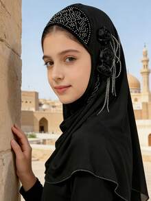 1 chiếc khăn trùm đầu kiểu Ả Rập cho bé gái 14-18 tuổi, khăn trùm đầu Hồi giáo, khăn trùm đầu đính đá cho bé gái, khăn trùm đầu che kín đầu, khăn trùm đầu xếp ly tua rua 3 bông hoa cho bé gái, phù hợp cho bé gái 14-18 tuổi. - 1PC - Xem 5