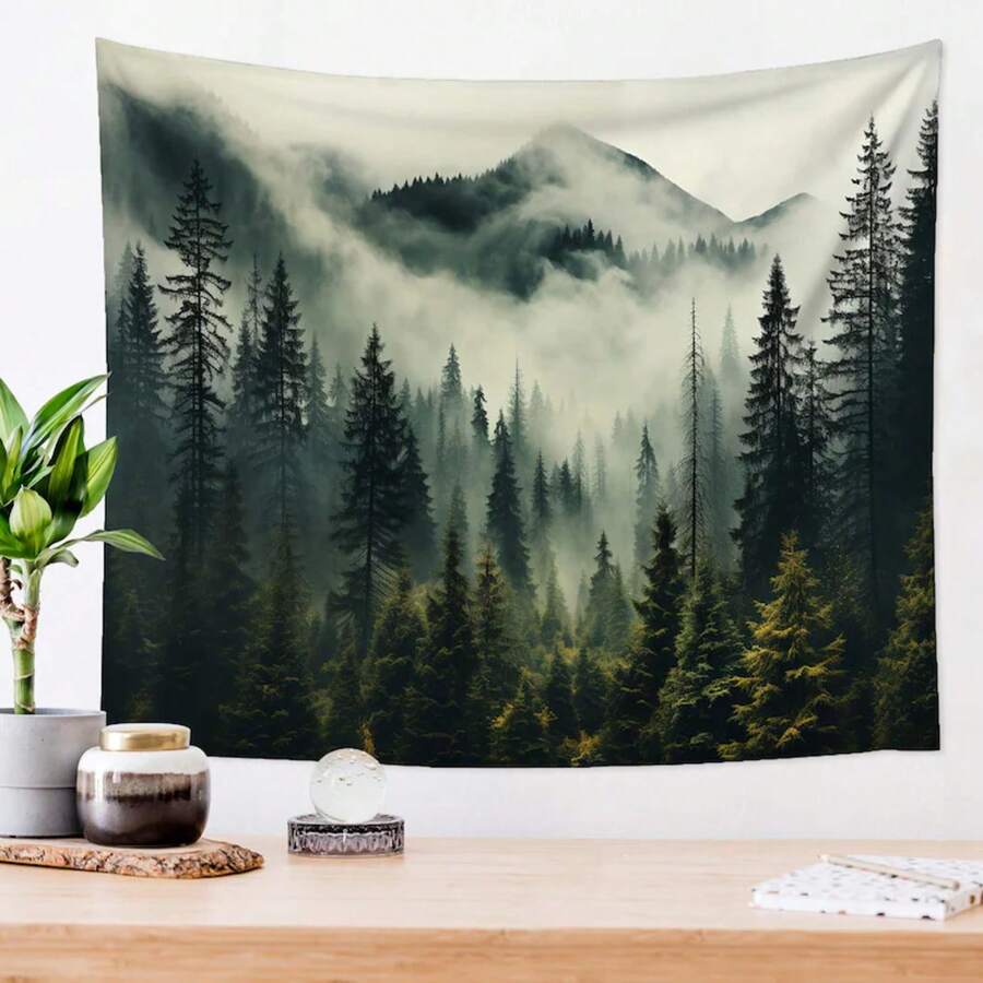 Pine Tapestry Foggy Forest Tapestry, Nature Tapestry, Livingroom Wall Art, Large Wall Tapestry, Home Decor Tapestry - Multicolor - View 1