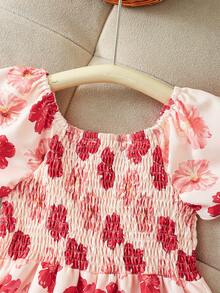 Toddler Girls' Orange Floral All-Over Print Sleeveless Romper, Spring/Summer - Orange - View 3