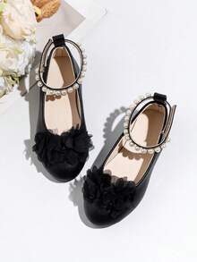 1 Pair Girls' Pearl Flower Mary Jane Shoes, Delicate And Elegant Style, Perfect For Matching With Dresses, Skirts For Performances, Flower Girl, Or Daily Wear - Black - View 1